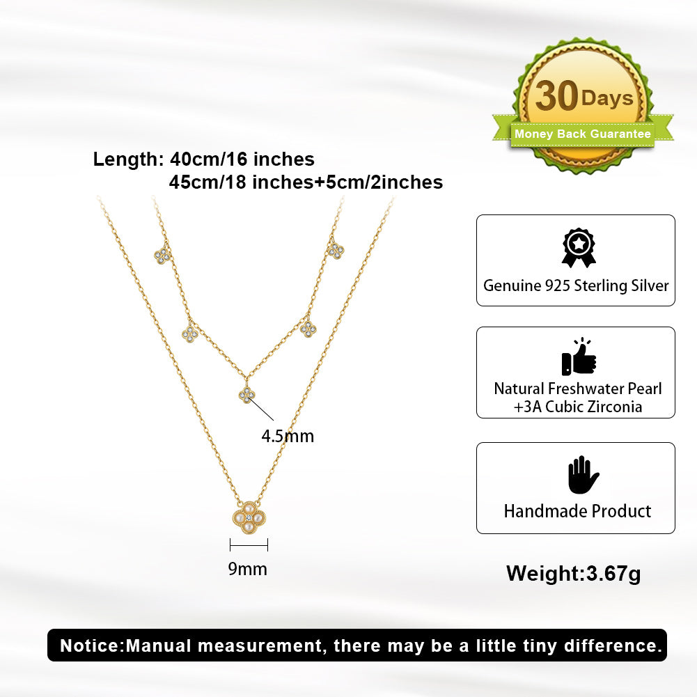 Cultured Freashwater Pearl 14K Gold Plated 925 Sterling Silver Four-leaf Clover Star Double Necklace