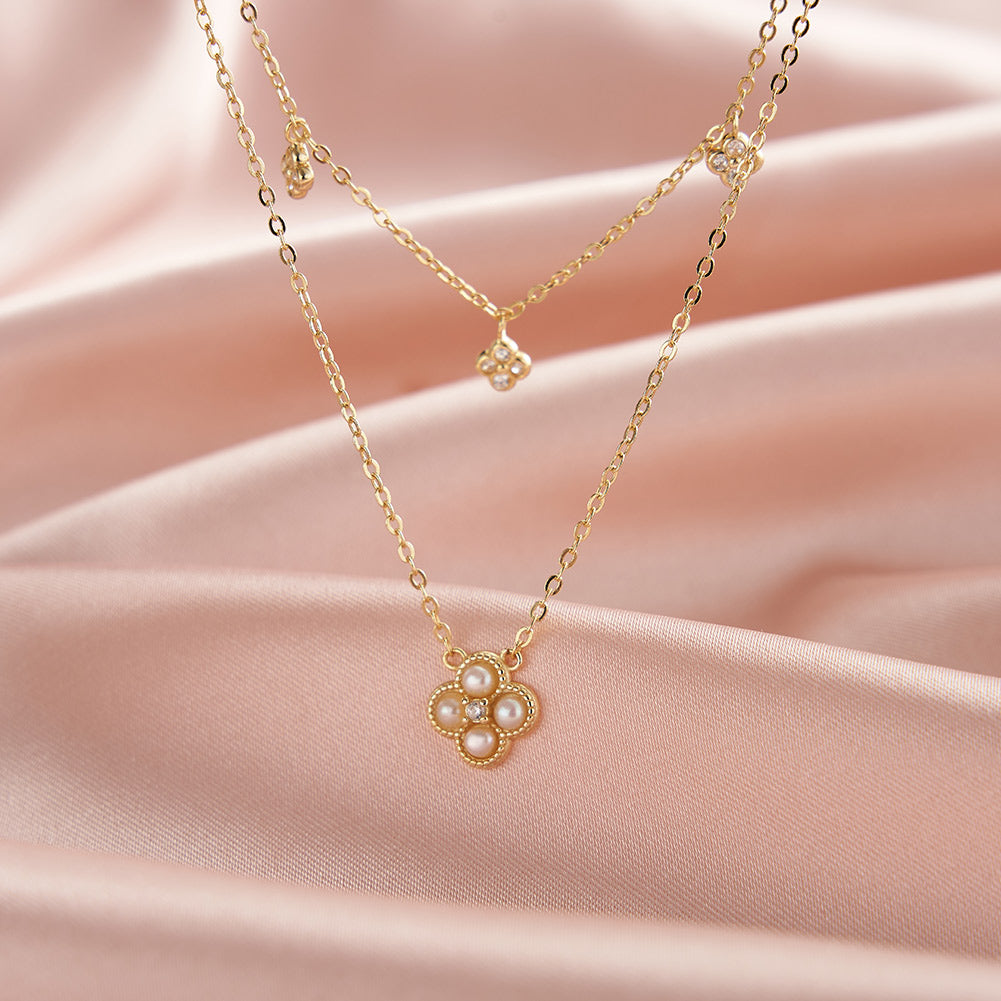 Cultured Freashwater Pearl 14K Gold Plated 925 Sterling Silver Four-leaf Clover Star Double Necklace