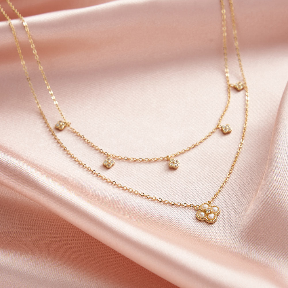 Cultured Freashwater Pearl 14K Gold Plated 925 Sterling Silver Four-leaf Clover Star Double Necklace