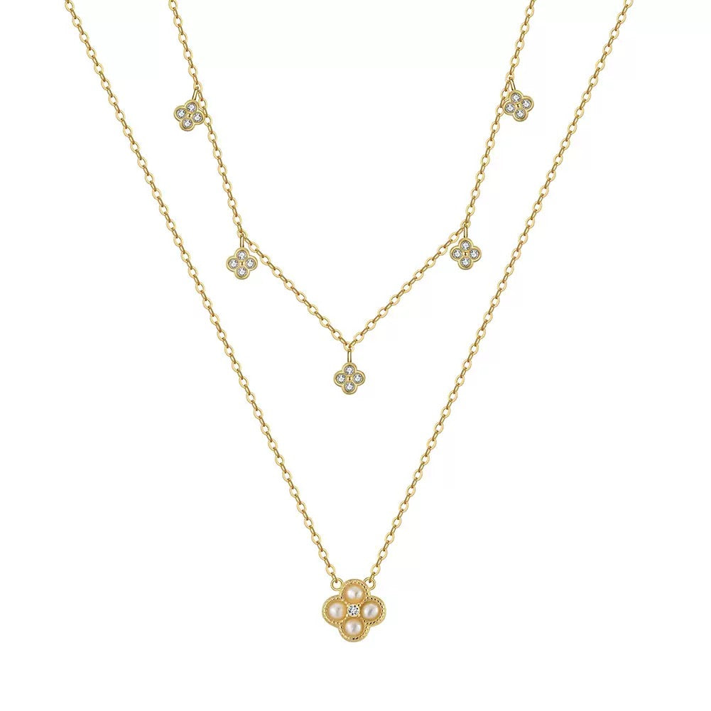 Cultured Freashwater Pearl 14K Gold Plated 925 Sterling Silver Four-leaf Clover Star Double Necklace