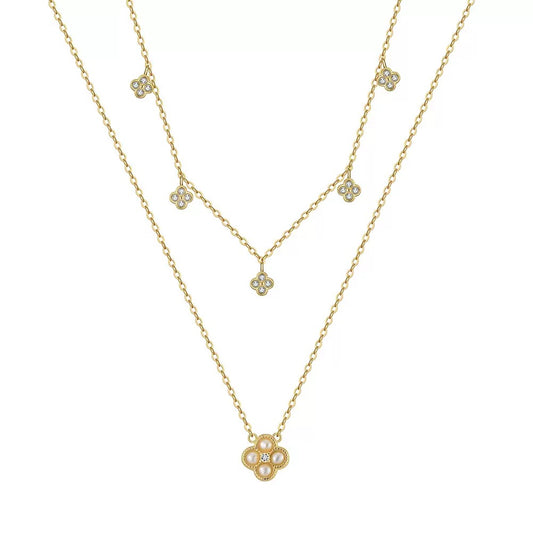 Cultured Freashwater Pearl 14K Gold Plated 925 Sterling Silver Four-leaf Clover Star Double Necklace