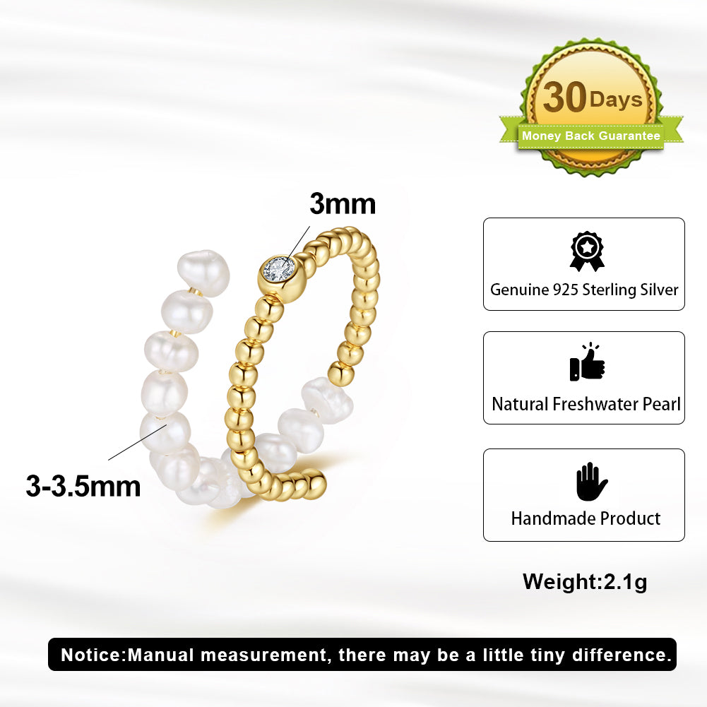 Natural Freshwater Pearl 925 Silver 14K Gold-plated Zircon Adjustable Open Ring