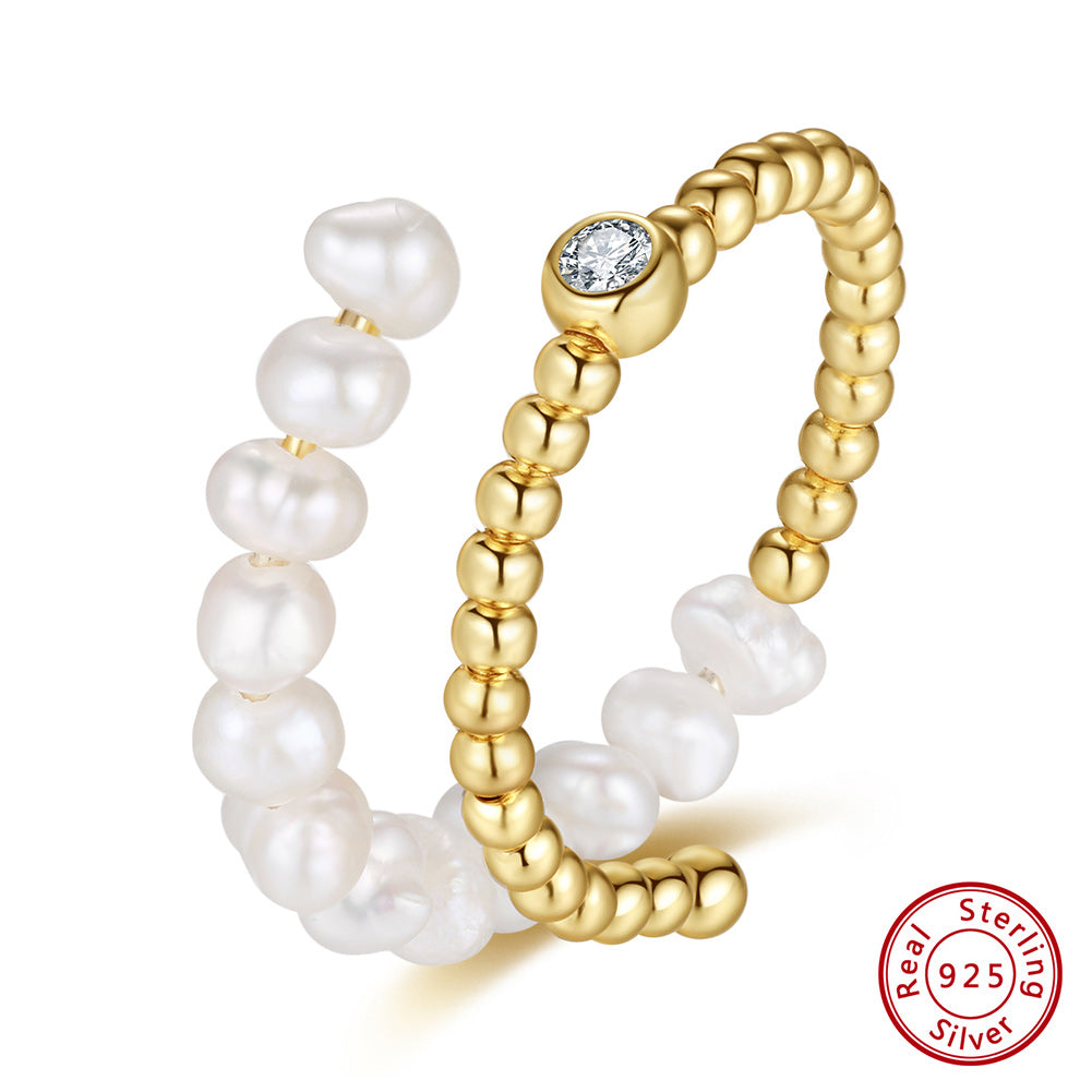 Natural Freshwater Pearl 925 Silver 14K Gold-plated Zircon Adjustable Open Ring