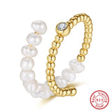 Natural Freshwater Pearl 925 Silver 14K Gold-plated Zircon Adjustable Open Ring