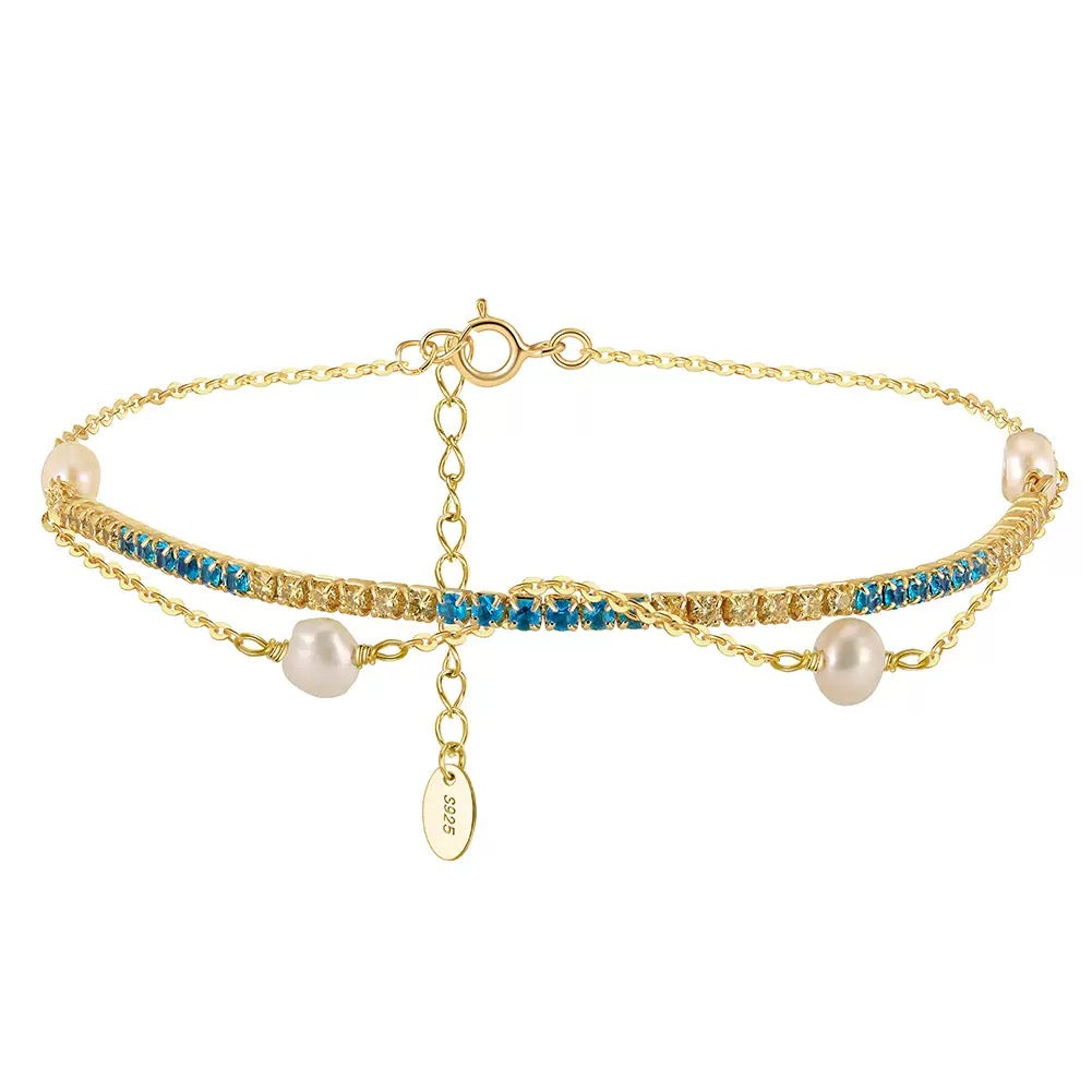 Cultured Freshwater Pearl 14K Gold Plated 925 Silver Ocean Blue Tennis Bracelet