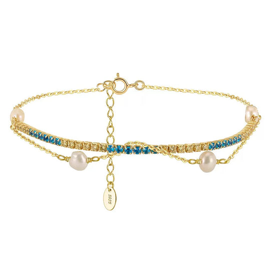 Cultured Freshwater Pearl 14K Gold Plated 925 Silver Ocean Blue Tennis Bracelet