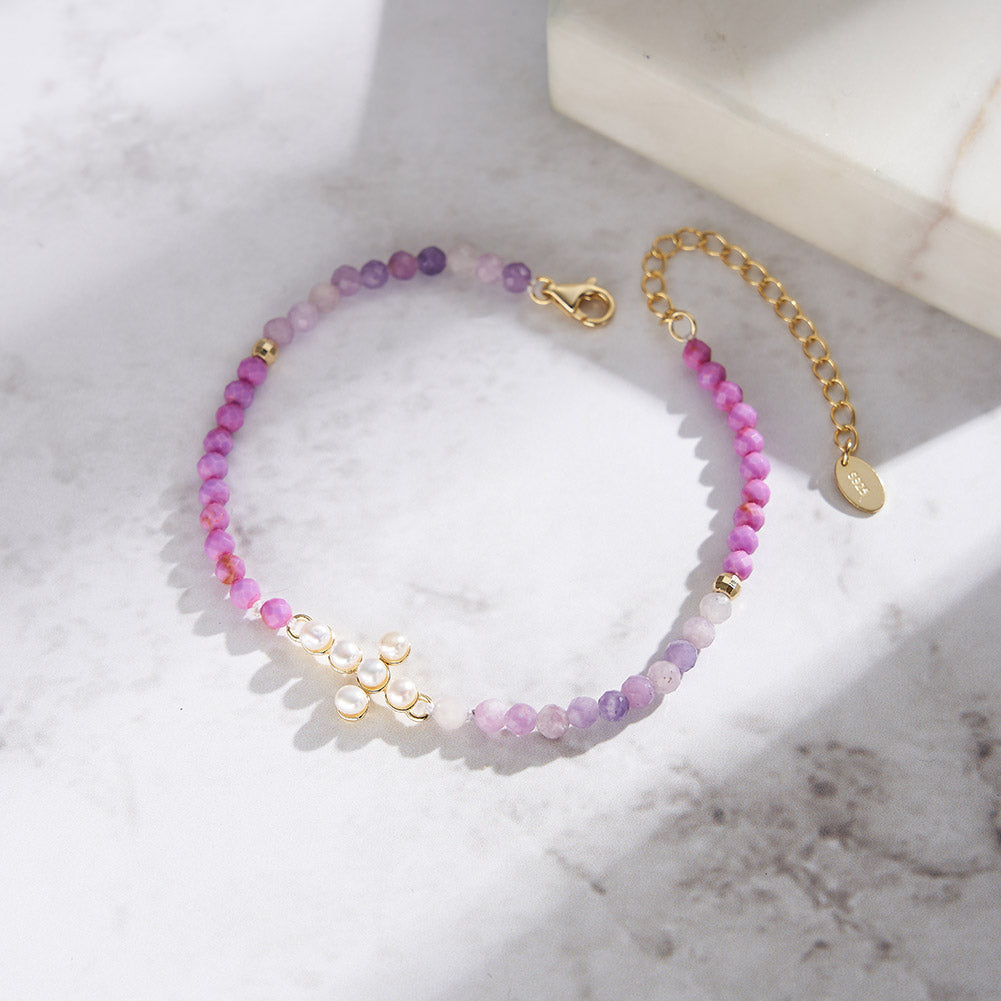 Natural Freshwater Pearl 925 Sterling Silver Purple Mica Bracelet