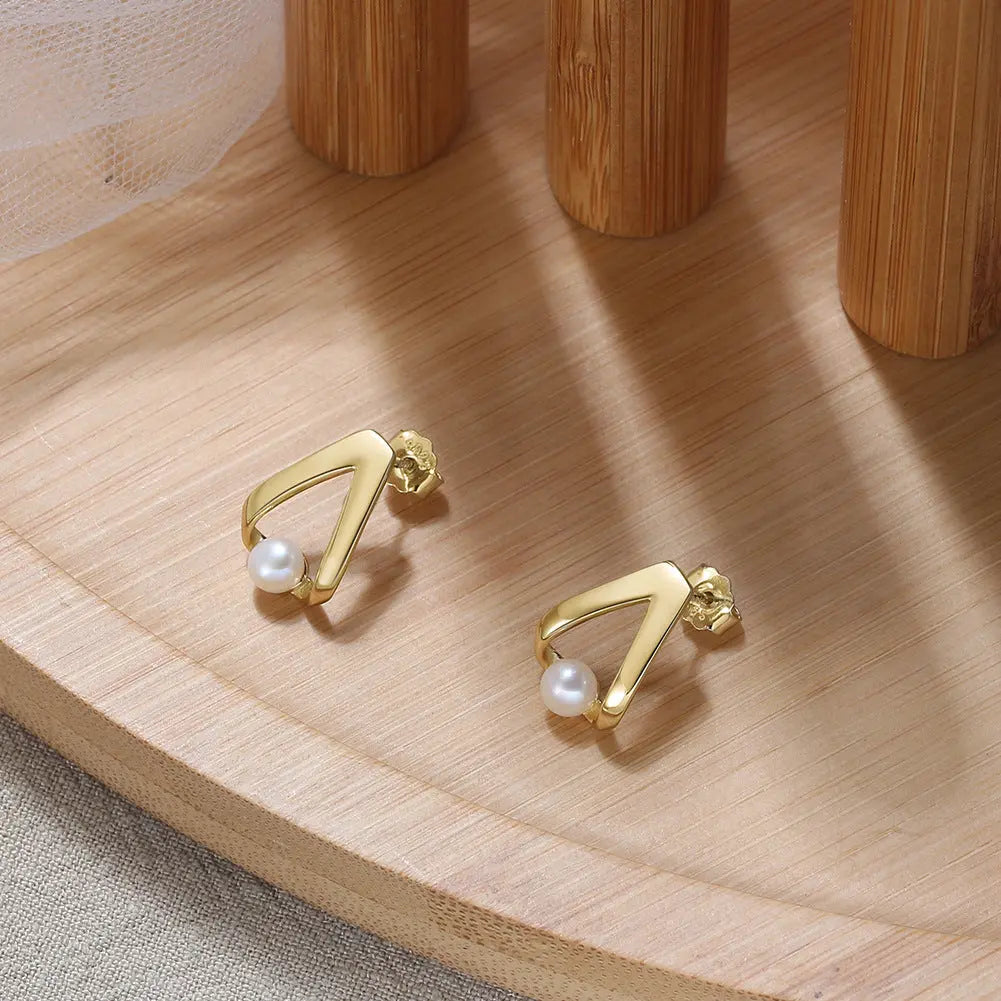 Cultured Freashwater Pear 14K Gold Plated 925 Sterling Silver Triangle Earrings