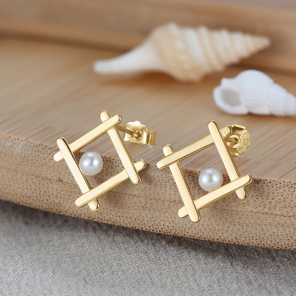925 Sterling Silver French Style Natural Pearl Geometric Earrings for Women, Unique and Chic Fashion Jewelry