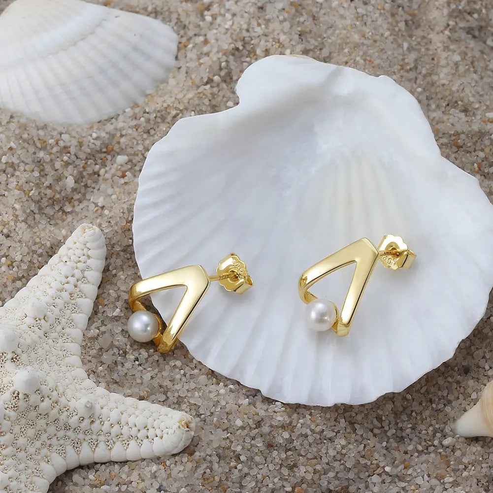 Cultured Freashwater Pear 14K Gold Plated 925 Sterling Silver Triangle Earrings