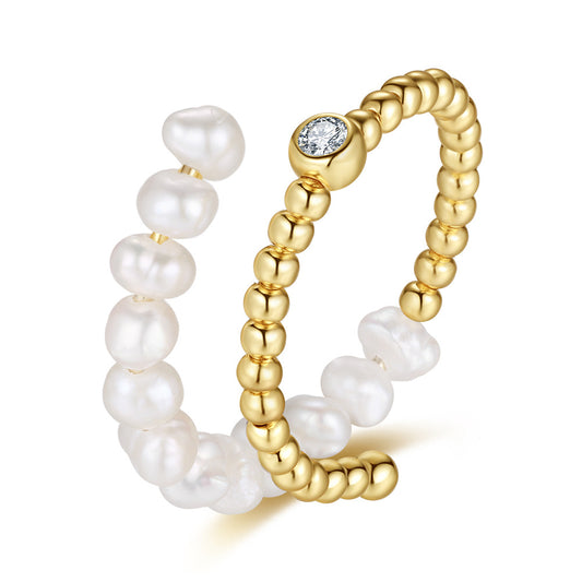 Natural Freshwater Pearl 925 Silver 14K Gold-plated Zircon Adjustable Open Ring