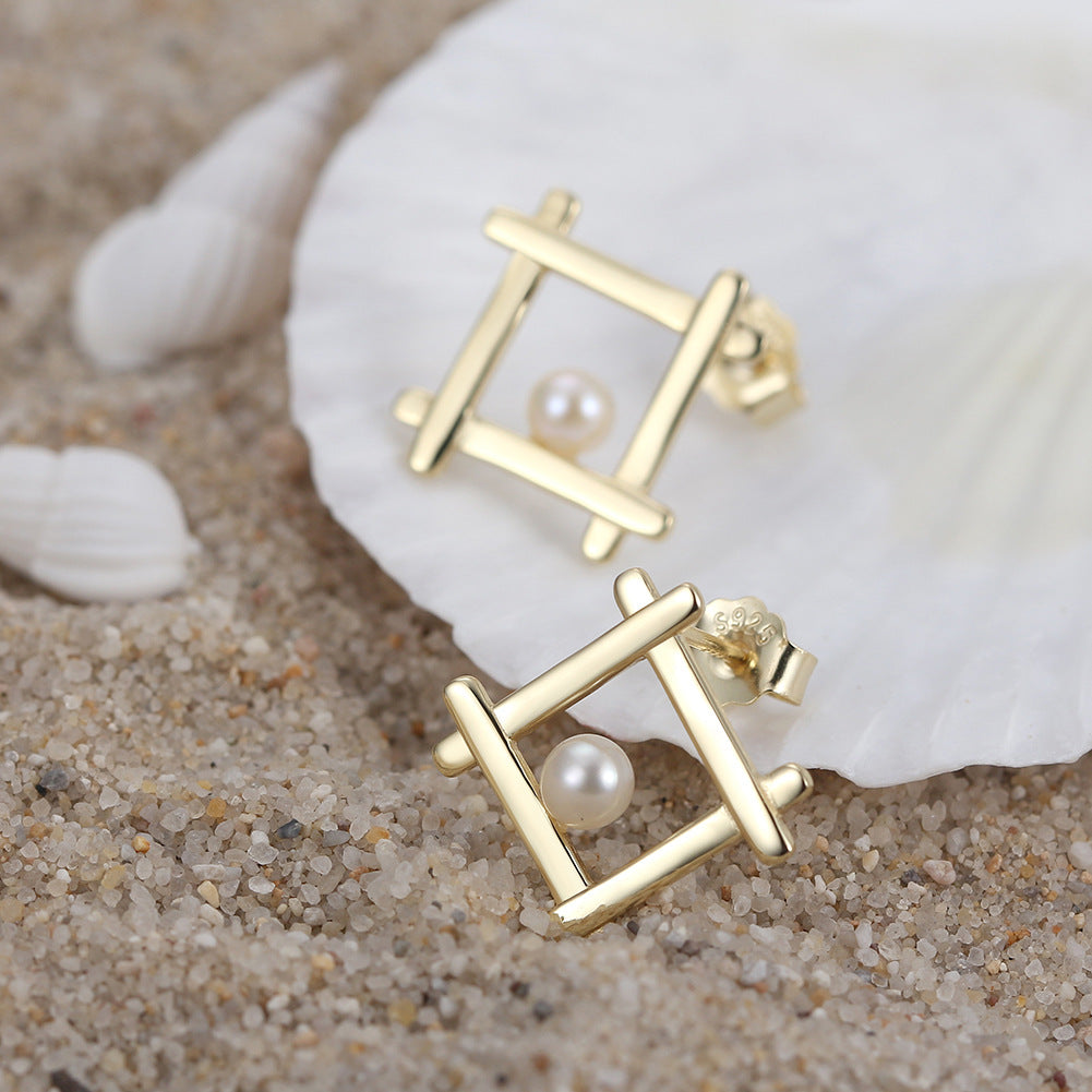 925 Sterling Silver French Style Natural Pearl Geometric Earrings for Women, Unique and Chic Fashion Jewelry