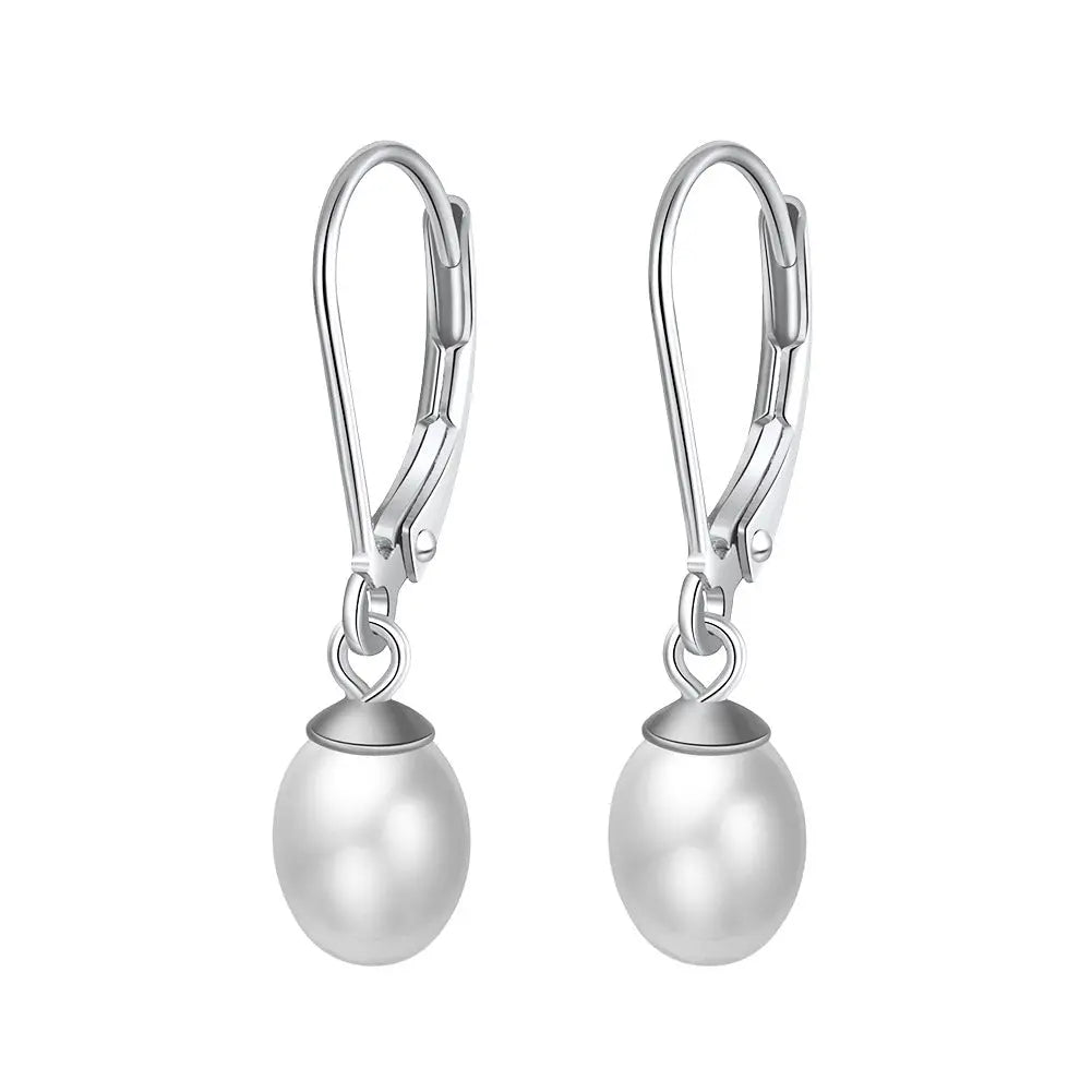 Sterling Silver/Rose Gold Leverback White Freshwater Cultured Pearl Drop Earring for Wedding Jewelry Gift for Women
