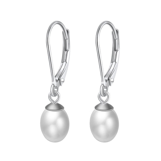 Sterling Silver/Rose Gold Leverback White Freshwater Cultured Pearl Drop Earring for Wedding Jewelry Gift for Women TWINKLE QUEEN