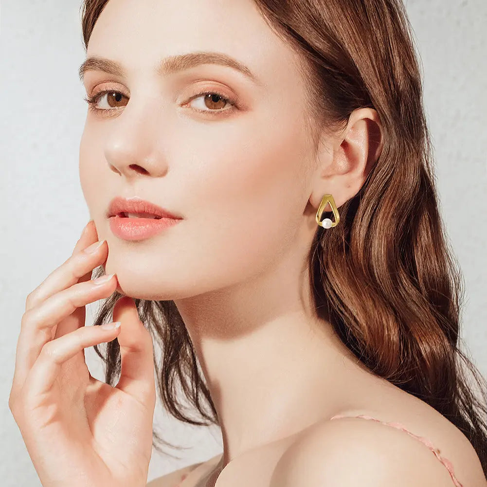 Cultured Freashwater Pear 14K Gold Plated 925 Sterling Silver Triangle Earrings