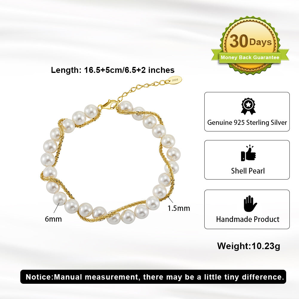 Shell Pearl 14K Gold Plated 925 Sterling Silver Shell Bead Wrap Bracelet