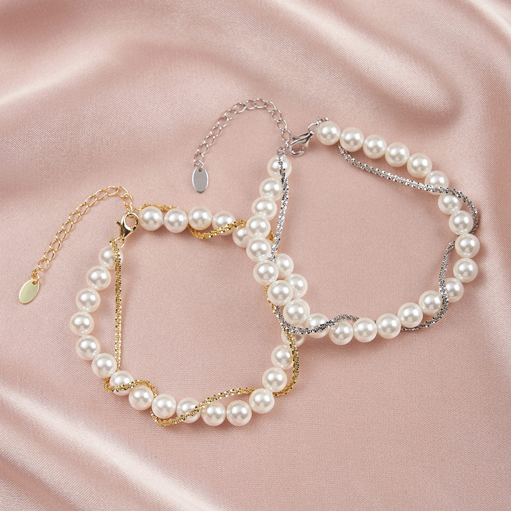 Shell Pearl 14K Gold Plated 925 Sterling Silver Shell Bead Wrap Bracelet