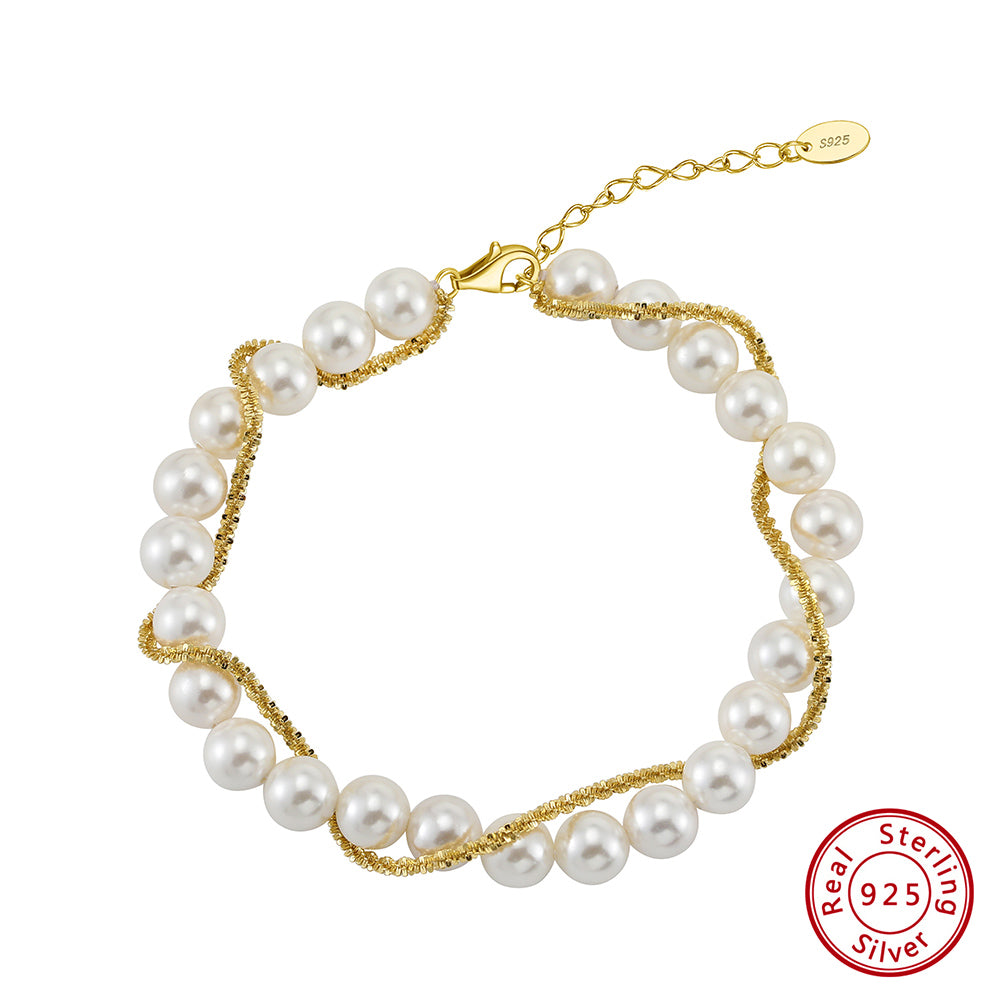 Shell Pearl 14K Gold Plated 925 Sterling Silver Shell Bead Wrap Bracelet