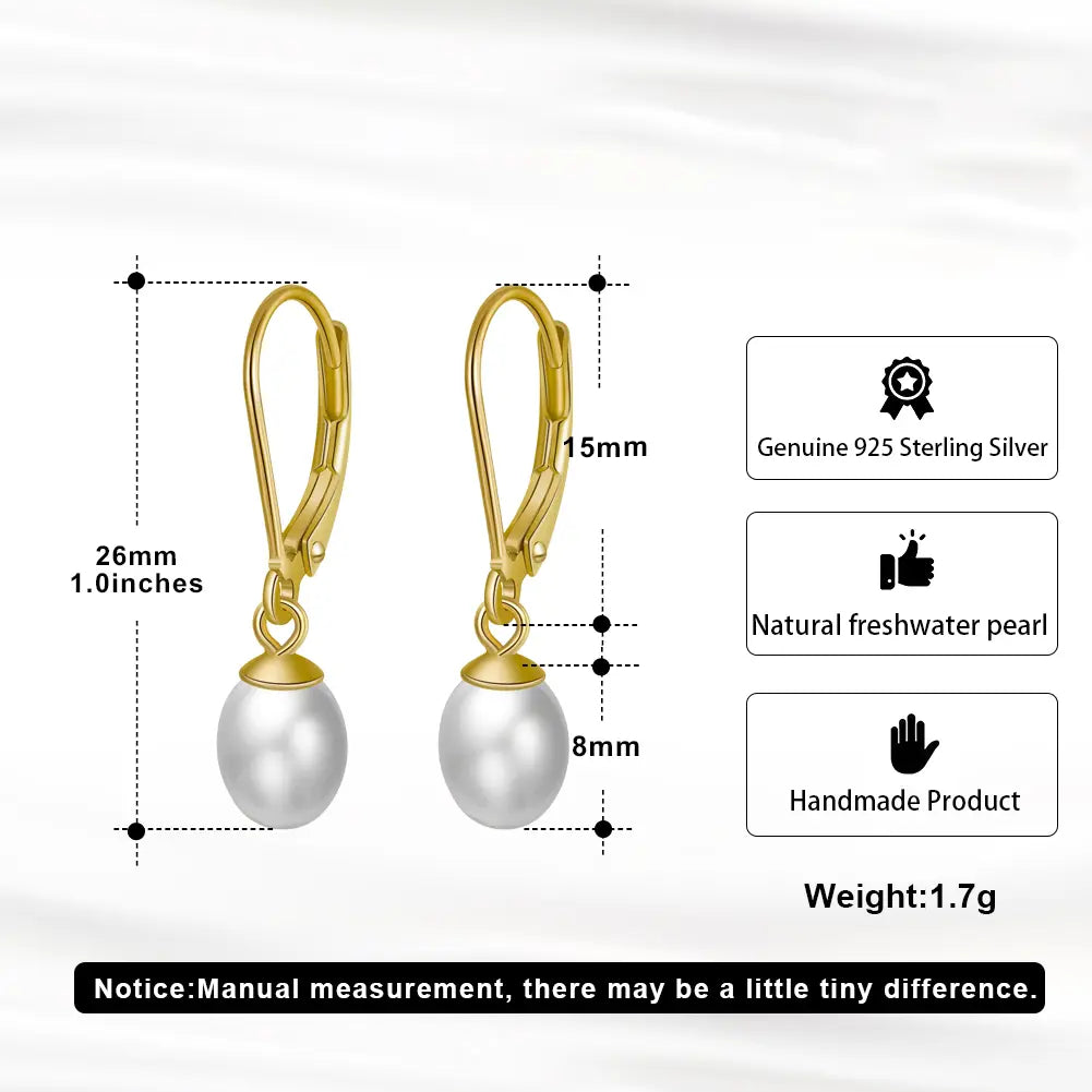 Sterling Silver/Rose Gold Leverback White Freshwater Cultured Pearl Drop Earring for Wedding Jewelry Gift for Women
