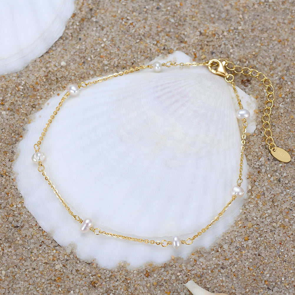 Natural Freshwater Pearls 14K Gold Plated 925 Sterling Silver Baroque Bead Anklet