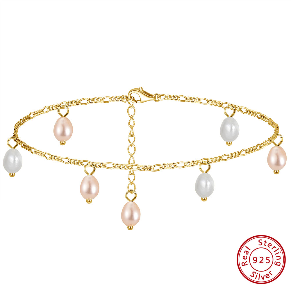 Natural freshwater Pearls 14K Gold Plated 925 Sterling Silver Orange Millet Bead Anklet