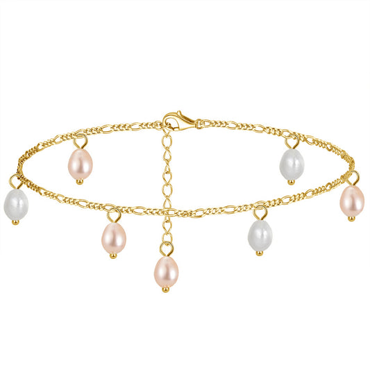 Natural freshwater Pearls 14K Gold Plated 925 Sterling Silver Orange Millet Bead Anklet