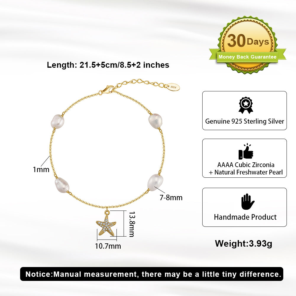 Freshwater Pearl 925 Sterling Silver 14K Gold Plated Starfish Anklet