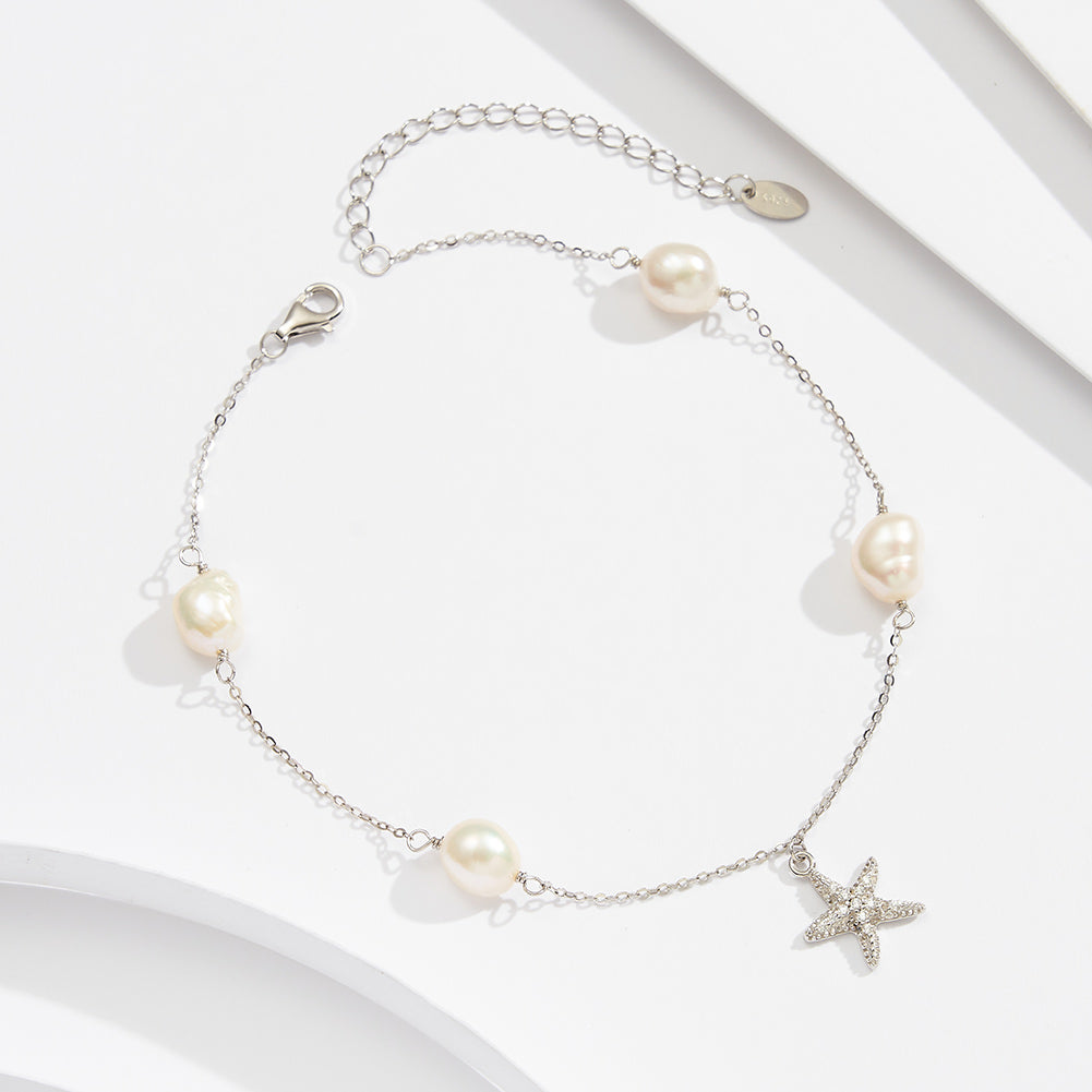 Freshwater Pearl 925 Sterling Silver 14K Gold Plated Starfish Anklet