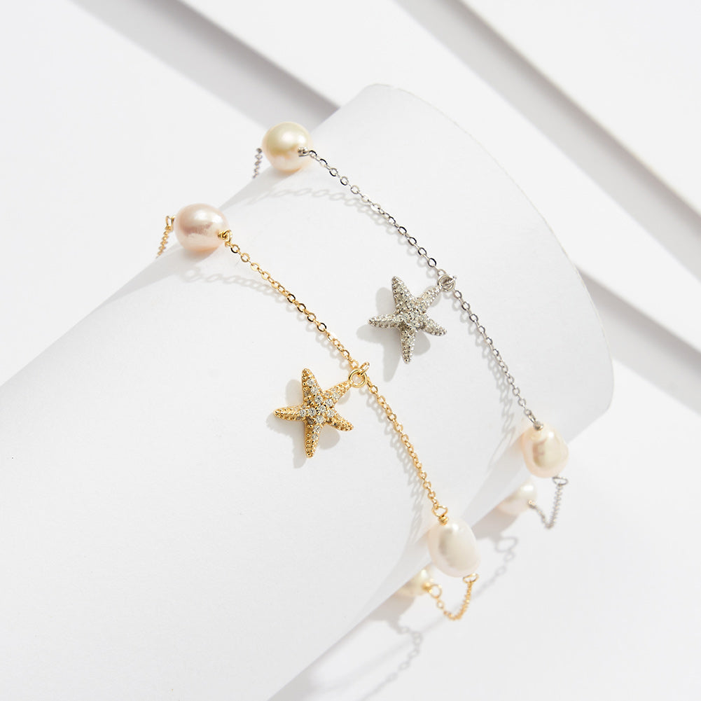 Freshwater Pearl 925 Sterling Silver 14K Gold Plated Starfish Anklet