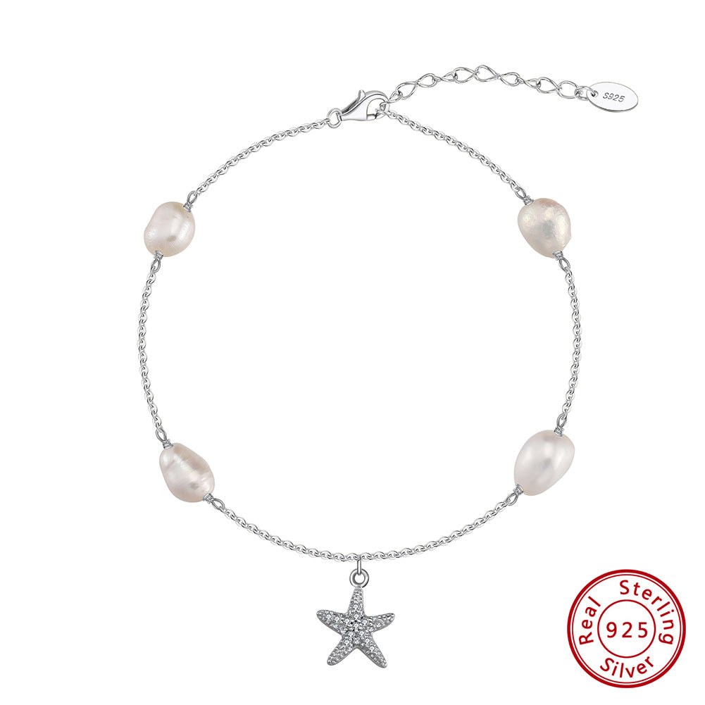 Freshwater Pearl 925 Sterling Silver 14K Gold Plated Starfish Anklet