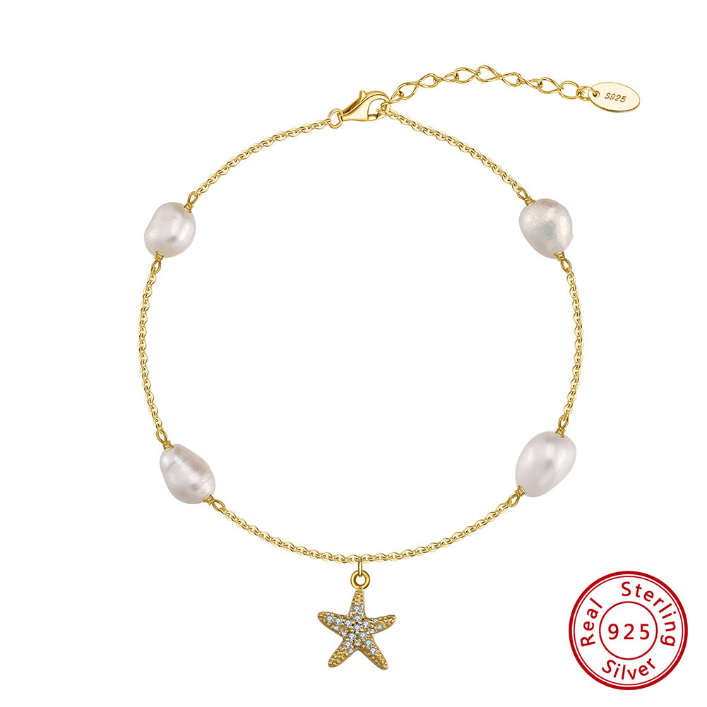 Freshwater Pearl 925 Sterling Silver 14K Gold Plated Starfish Anklet