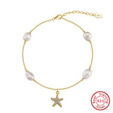 Freshwater Pearl 925 Sterling Silver 14K Gold Plated Starfish Anklet