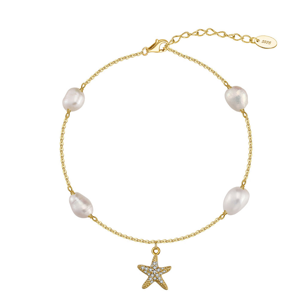 Freshwater Pearl 925 Sterling Silver 14K Gold Plated Starfish Anklet
