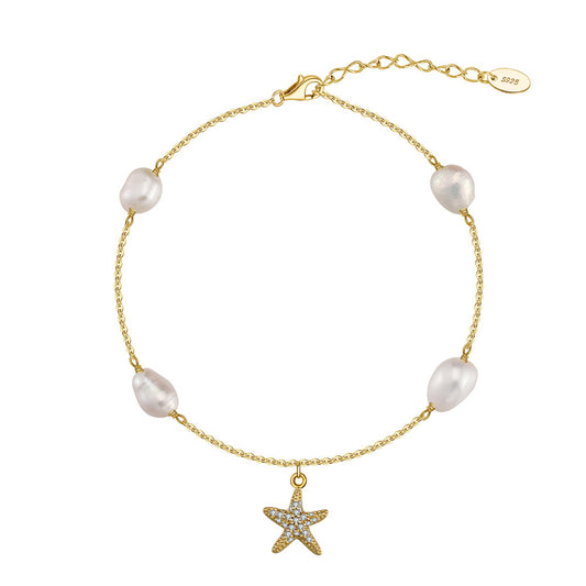 Freshwater Pearl 925 Sterling Silver 14K Gold Plated Starfish Anklet