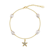 Freshwater Pearl 925 Sterling Silver 14K Gold Plated Starfish Anklet