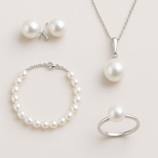 Freshwater Pearl Necklaces Set for Women Includes White Silver Pearl Bracelet and Pearl Diamond Stud Earrings Jewelry Set for Women Men Mother Wife Girlfriend Birthday Wedding Christmas Gifts