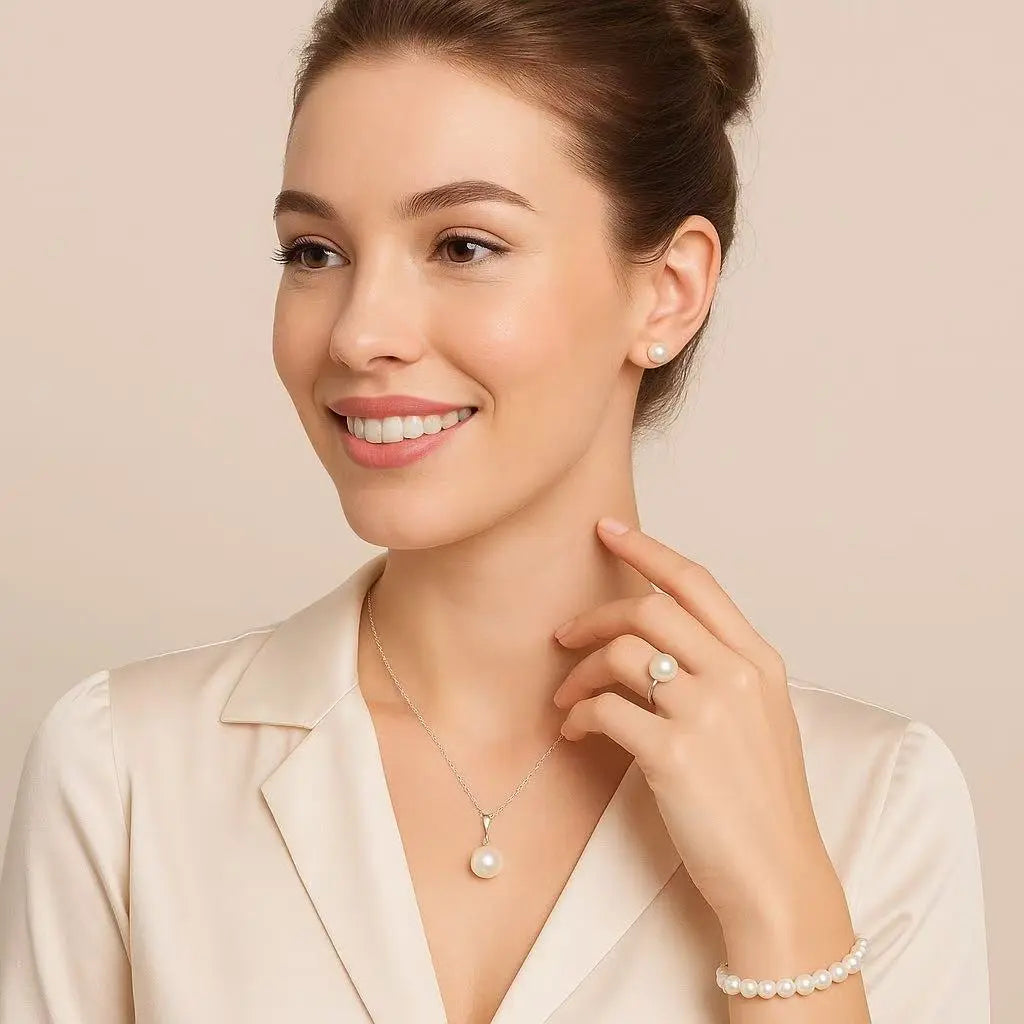 Freshwater Pearl Necklaces Set for Women Includes White Silver Pearl Bracelet and Pearl Diamond Stud Earrings Jewelry Set for Women Men Mother Wife Girlfriend Birthday Wedding Christmas Gifts